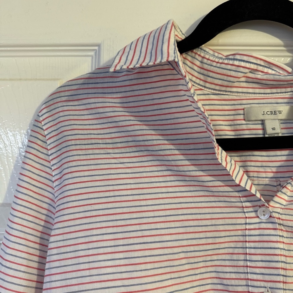 EUC J. Crew  Popover Long Sleeve Striped Shirt - Red, White and Blue